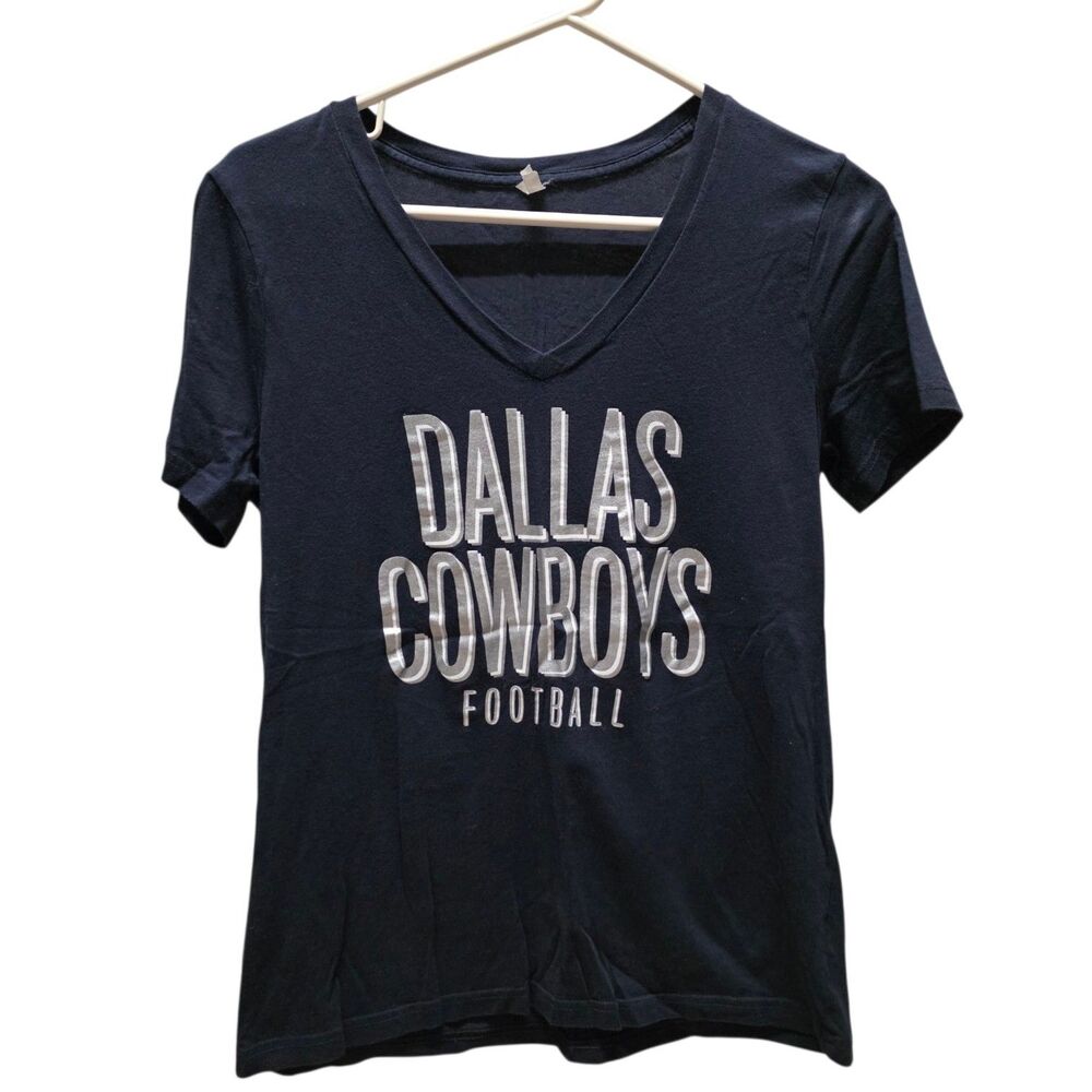 Dallas Cowboys Shirt Womens Medium Navy Blue Silver Foil V-Neck Football NFL Tee